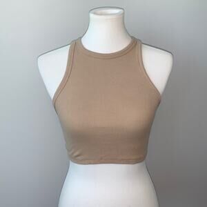 Zara Ribbed Knit Beige Crop Racer Back Tank Top Womens Medium